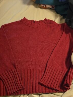 GAP Women's Deep Red Crewneck Ribbed-Hem Sweater